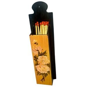 Vintage Tole Hand Painted Wood Long Match Holder 70s Floral Signed Long Matches